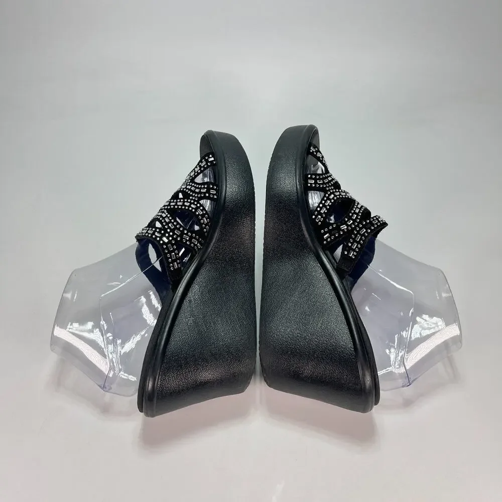 Skechers Rumble Up Funny Business Black Rhinestone Wedge Sandals Women's Size 11